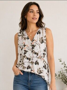 Eliane Rose White Floral Sleeveless Tank Sz Med